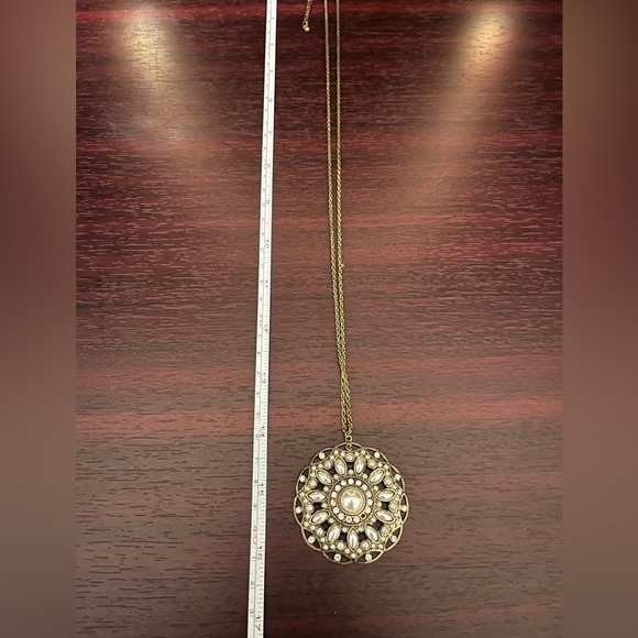Ornate Antique Gold/Brass Necklace w/ Pearl Accents - Picture 7 of 10